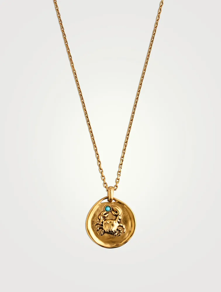 24K Gold Plated Talisman Mini Cancer Medallion Necklace With Turquoise