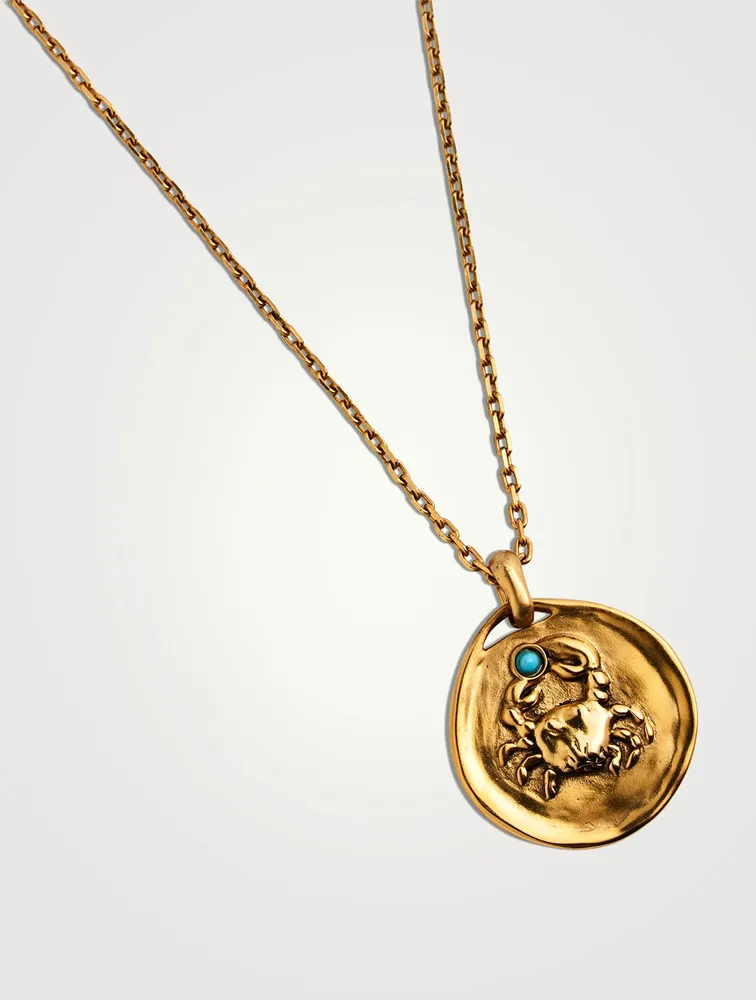 24K Gold Plated Talisman Mini Cancer Medallion Necklace With Turquoise