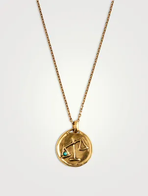 24K Gold Plated Talisman Mini Libra Medallion Necklace With Turquoise