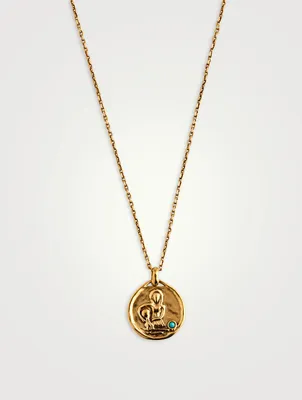 24K Gold Plated Talisman Mini Aquarius Medallion Necklace With Turquoise