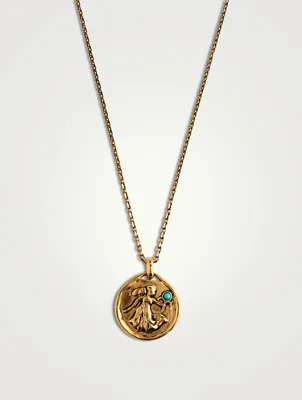 24K Gold Plated Talisman Mini Virgo Medallion Necklace With Turquoise