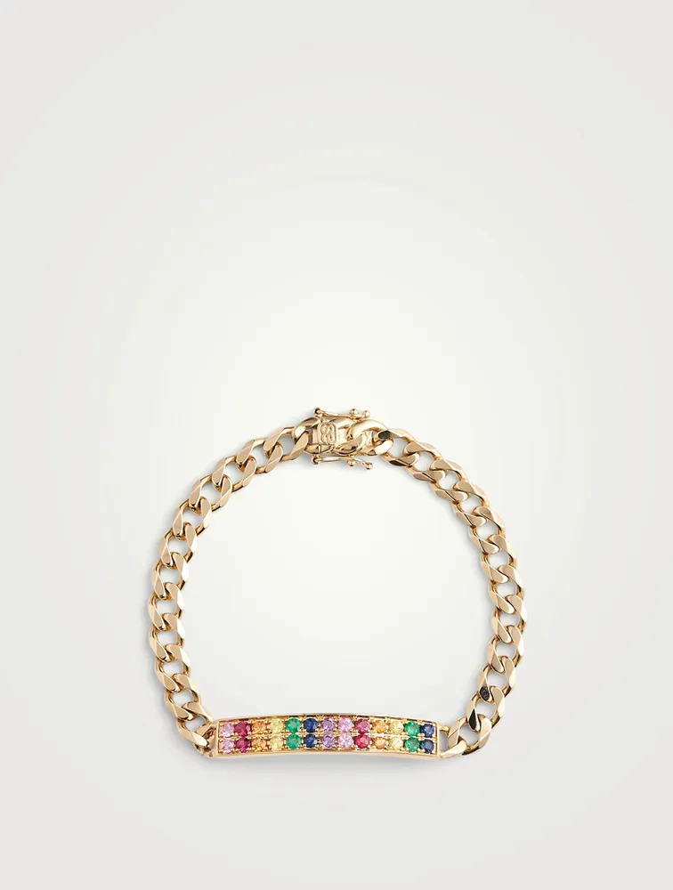 14K Gold ID Bar Bracelet With Multicolour Stones