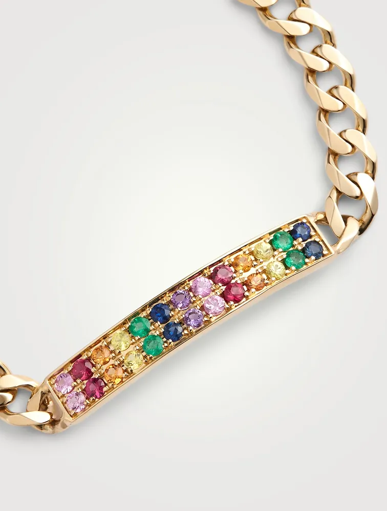 14K Gold ID Bar Bracelet With Multicolour Stones
