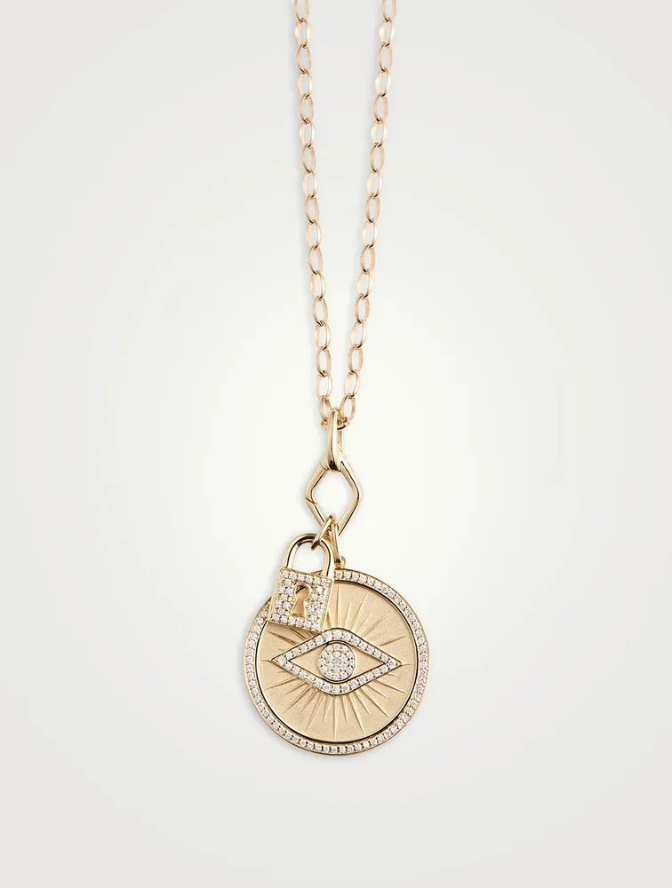 14K Gold Evil Eye Lock Pendant Necklace With Diamonds