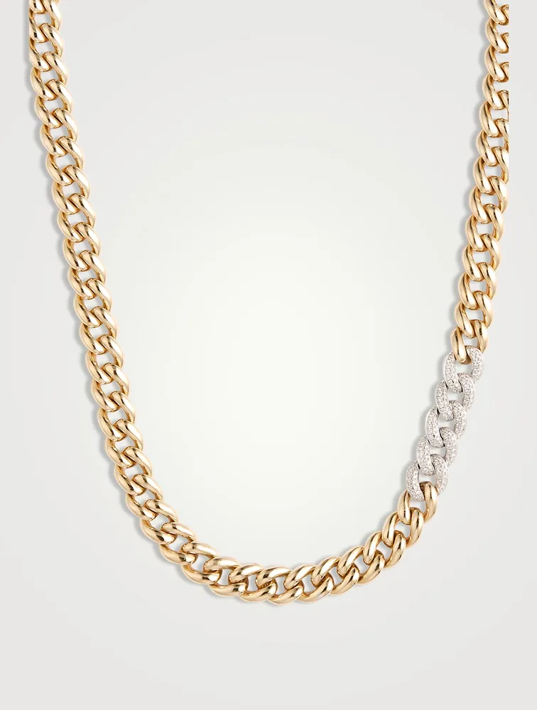 14K Gold Curb Chain Necklace With Diamonds