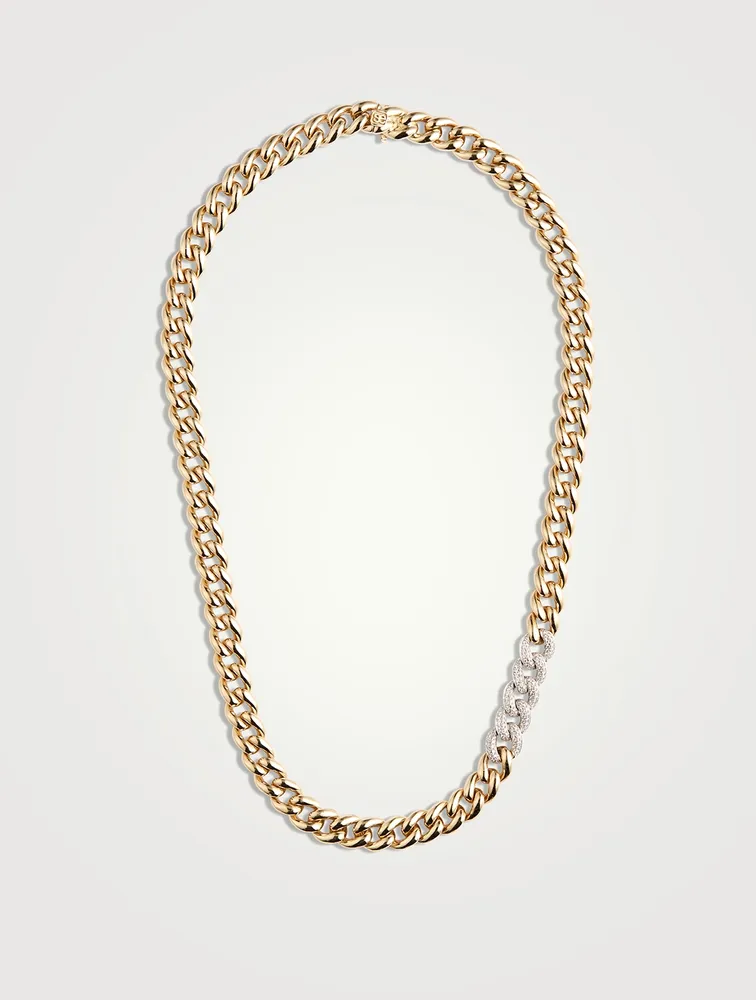 14K Gold Curb Chain Necklace With Diamonds