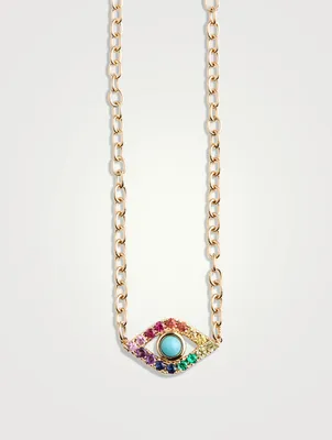 Large 14K Gold Rainbow Evil Eye Necklace With Turquoise