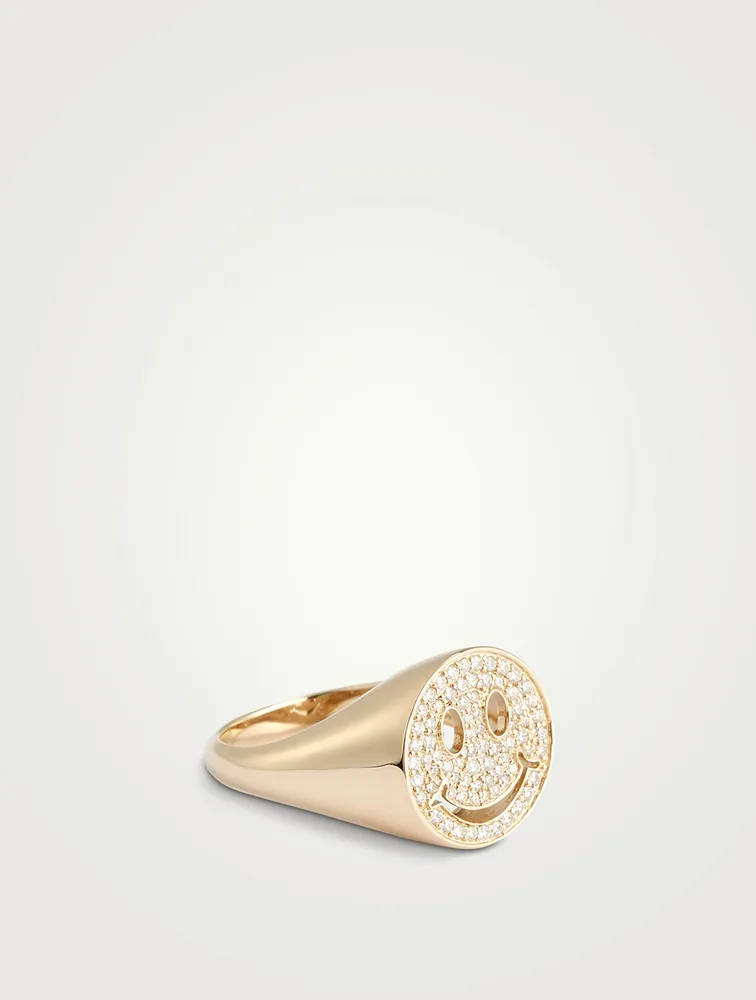 14K Gold Happy Face Signet Ring With Diamonds