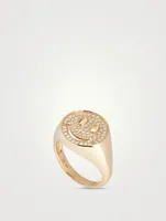 14K Gold Happy Face Signet Ring With Diamonds