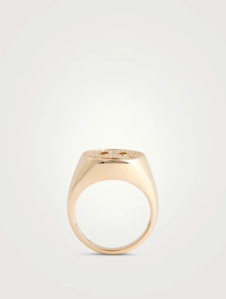 14K Gold Happy Face Signet Ring With Diamonds