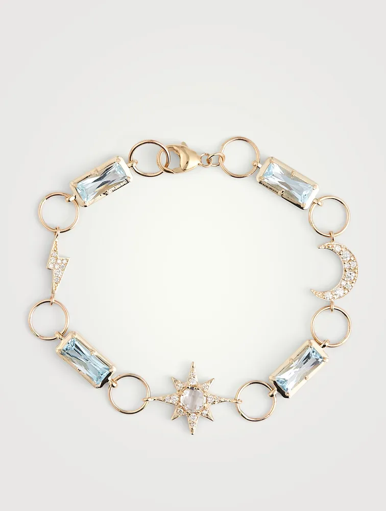 Aztec Luna 14K Gold Link Bracelet With Blue Topaz And Diamonds