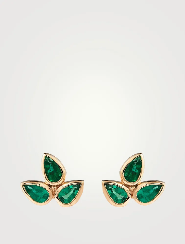 Fleur De Lis Bouquet 14K Gold Stud Earrings With Emeralds