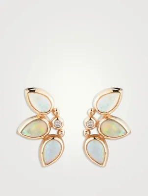 Bezel Bouquet Fan 14K Gold Stud Earrings With Opal And Diamonds