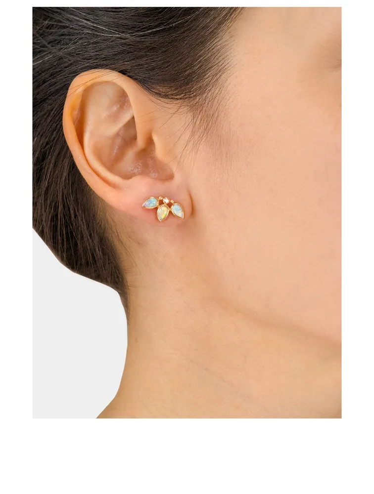 Bezel Bouquet Fan 14K Gold Stud Earrings With Opal And Diamonds