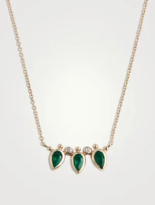 Mini Bezel Bouquet Fan 14K Gold Necklace With Emeralds And Diamonds