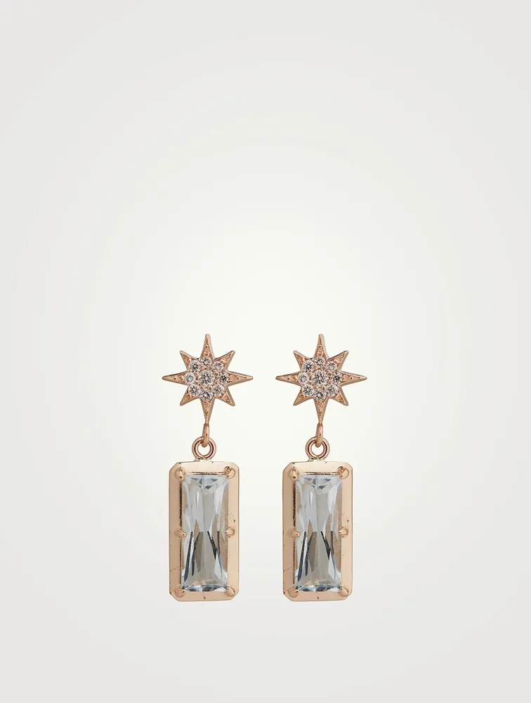 Aztec 14K Gold North Star Baguette Earrings With Blue Topaz And White Sapphire