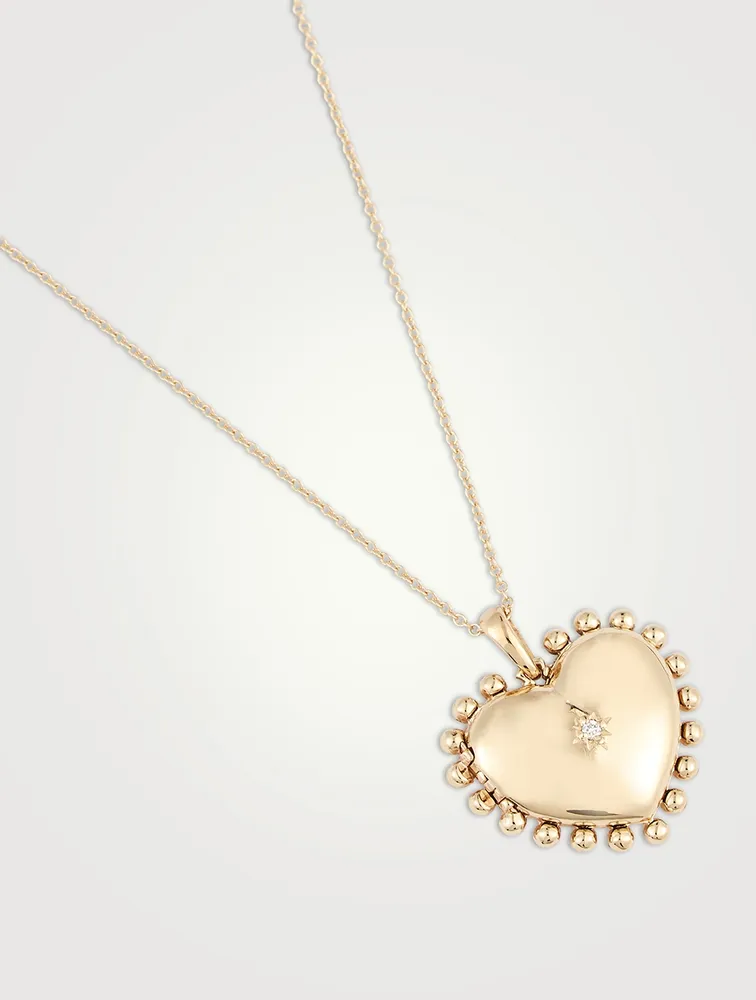 Dew Drop 14K Gold Mini Heart Locket Necklace With Diamond