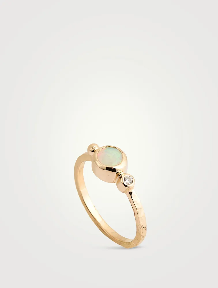 Dew Drop 14K Gold Bonheur Opal Ring With Diamond