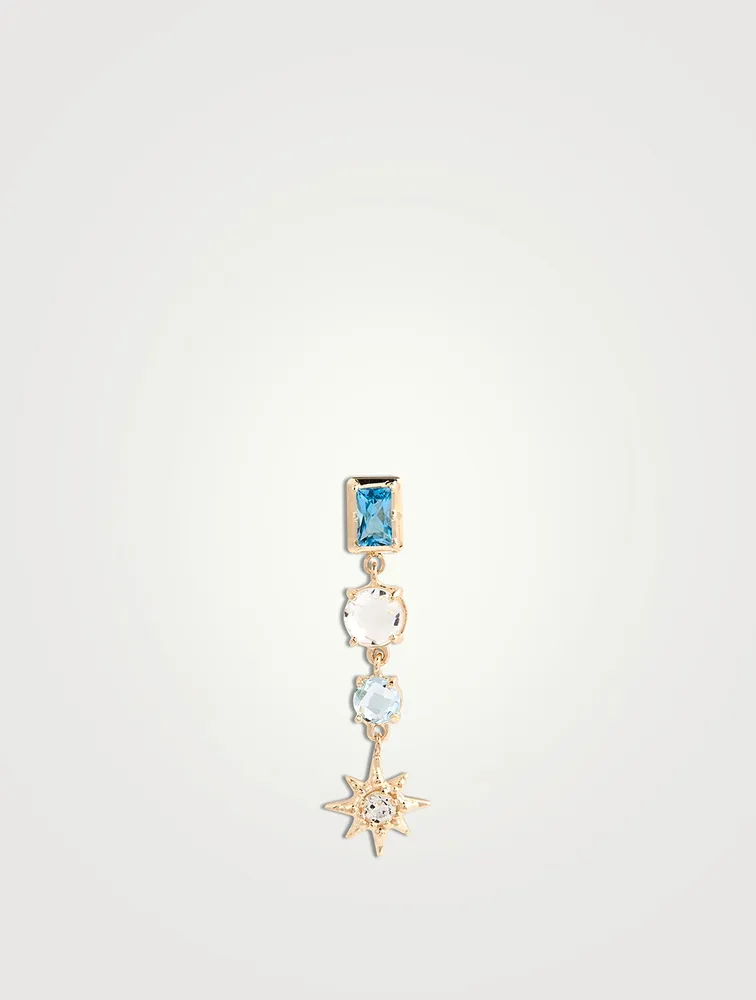 Aztec 14K Gold Luna Single Charm Earring With Blue And White Topaz