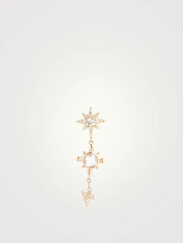 Aztec Luna 14K Gold Single Charm Earring With Clear Topaz And Diamonds
