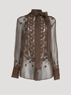 Embroidered Organza Blouse With Scarf