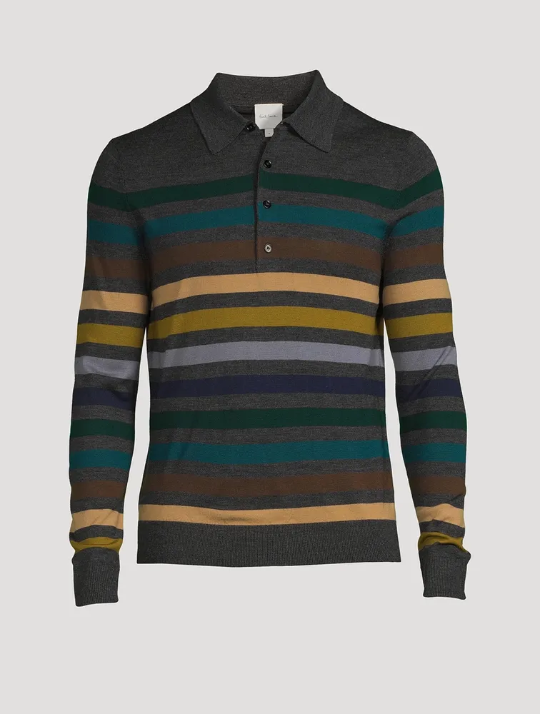 Wool Long-Sleeve Polo Shirt Striped Print