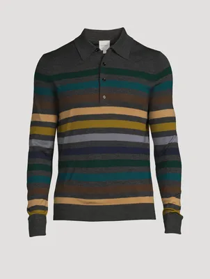 Wool Long-Sleeve Polo Shirt Striped Print