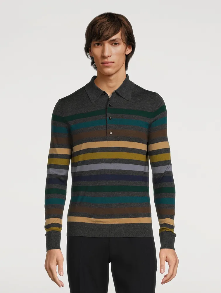 Wool Long-Sleeve Polo Shirt Striped Print