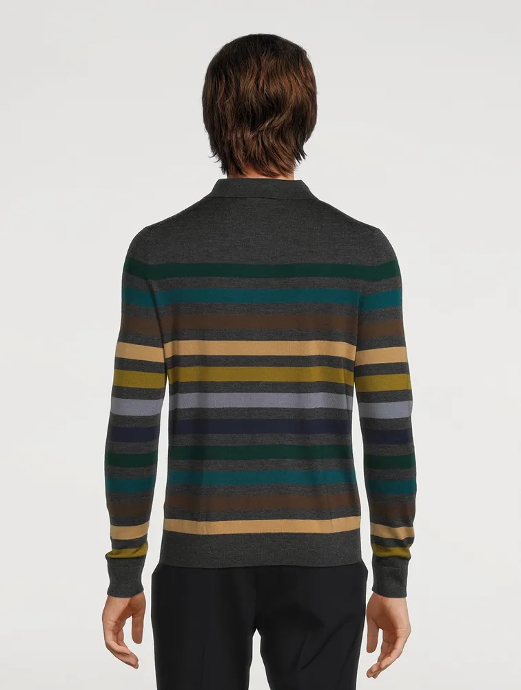 Wool Long-Sleeve Polo Shirt Striped Print