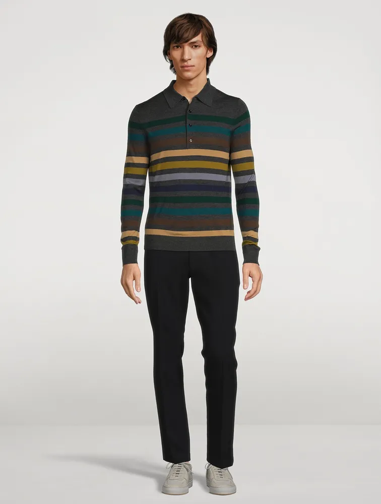Wool Long-Sleeve Polo Shirt Striped Print