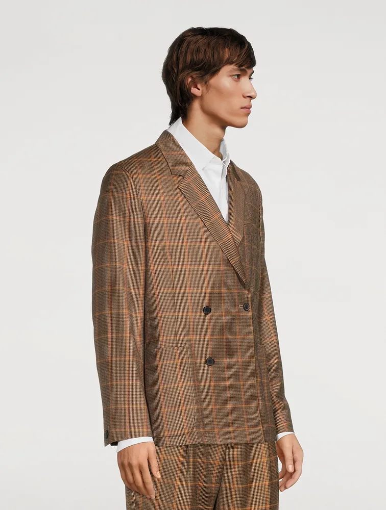 Wool Double-Breasted Jacket Check Print