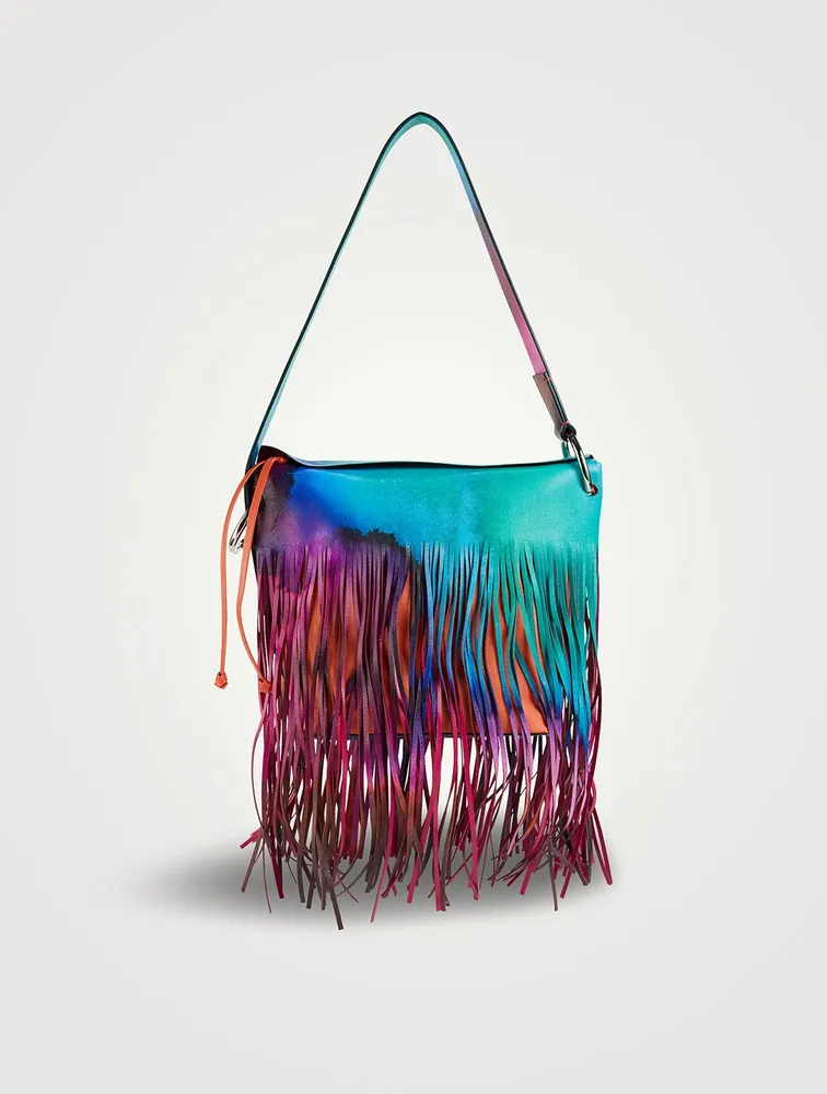 Fringe Leather Shoulder Bag In Tie-Dye Print