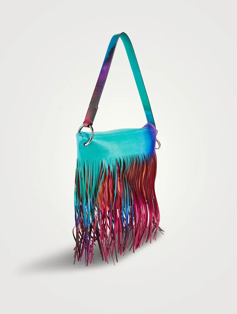 Fringe Leather Shoulder Bag In Tie-Dye Print