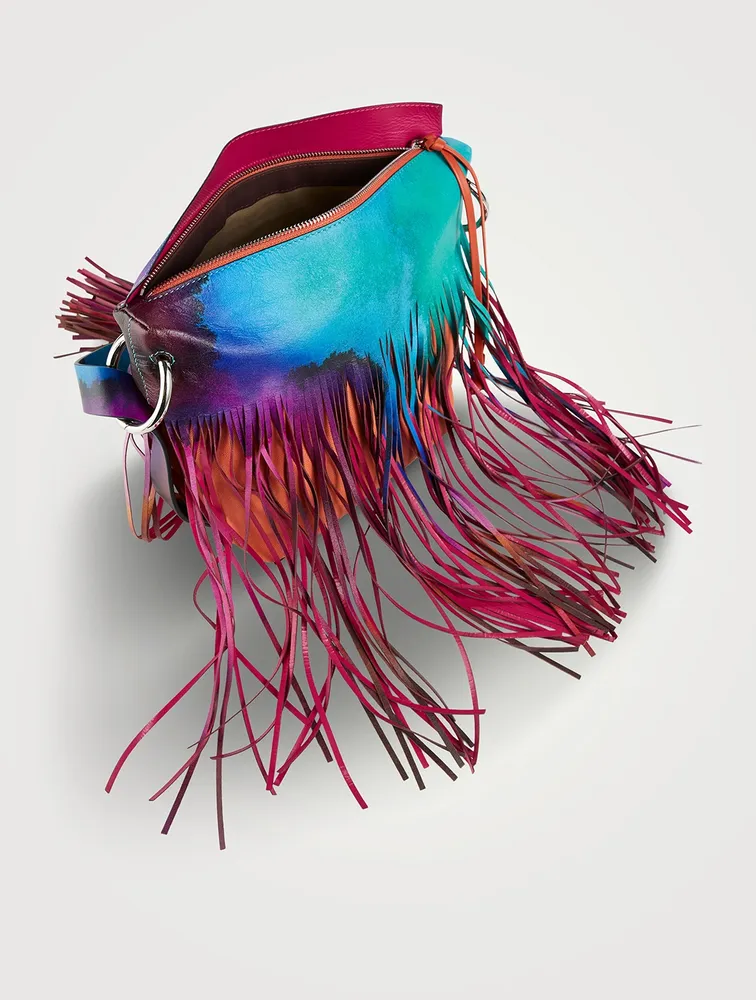 Fringe Leather Shoulder Bag In Tie-Dye Print