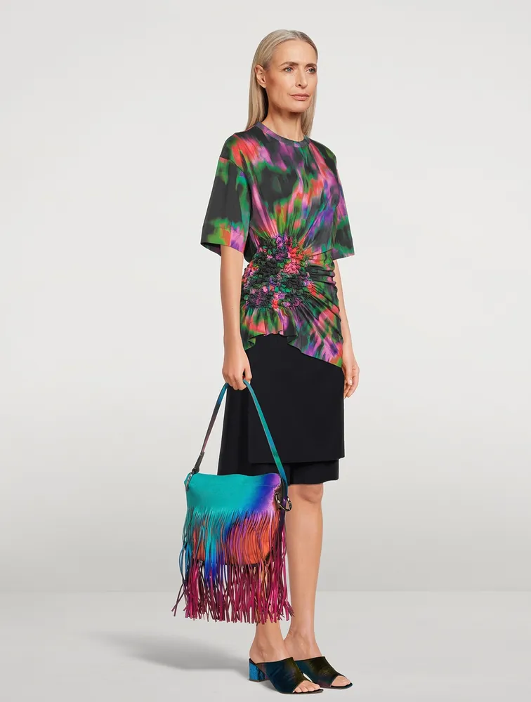 Fringe Leather Shoulder Bag In Tie-Dye Print