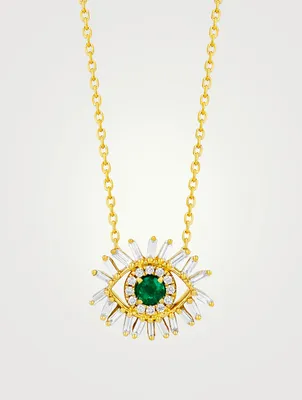 Evil Eye 18K Gold Necklace With Emerald And Diamonds