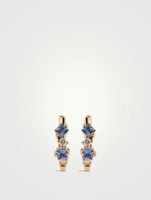 18K Gold Huggie Earrings With Sapphire And Diamonds