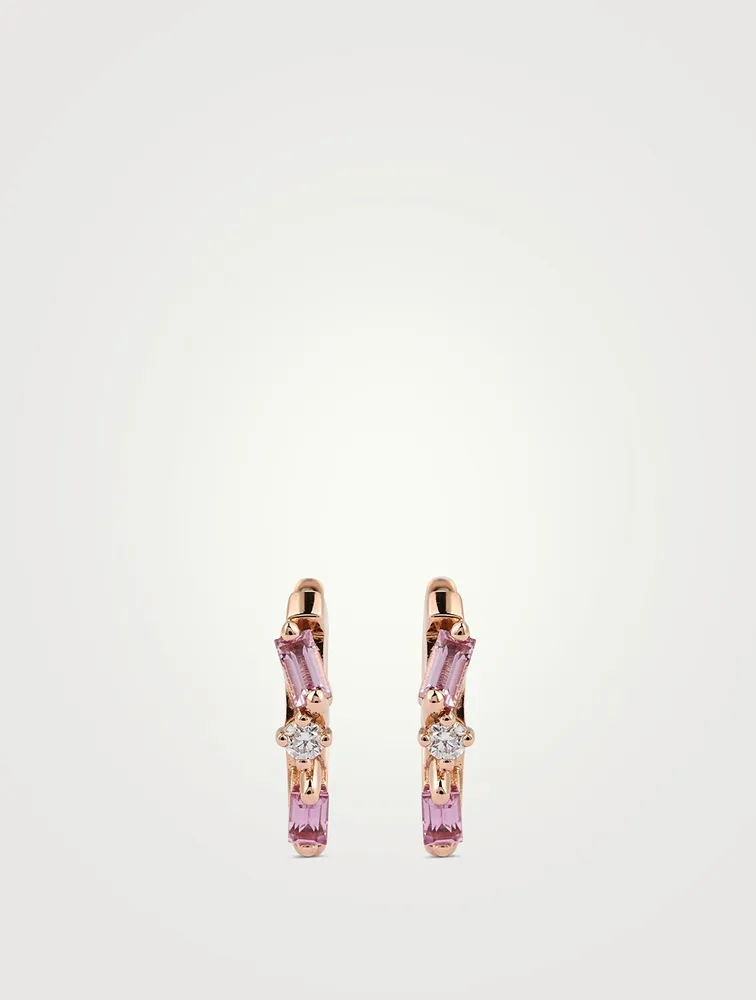 18K Rose Gold Huggie Earrings With Sapphire And Diamonds