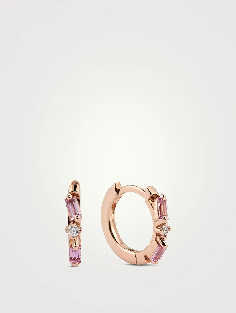 18K Rose Gold Huggie Earrings With Sapphire And Diamonds