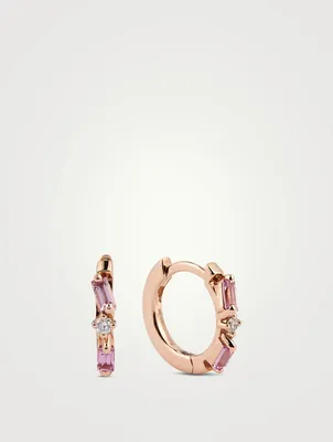 18K Rose Gold Huggie Earrings With Sapphire And Diamonds