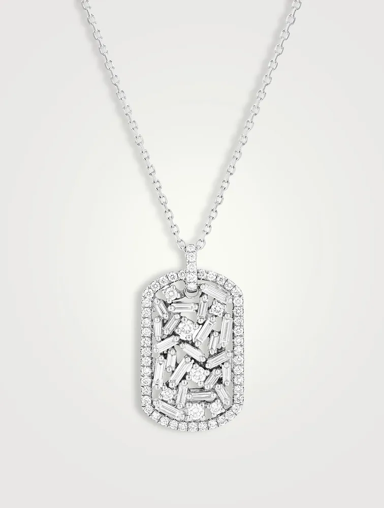 18K White Gold Medium Dog Tag Necklace With Diamonds