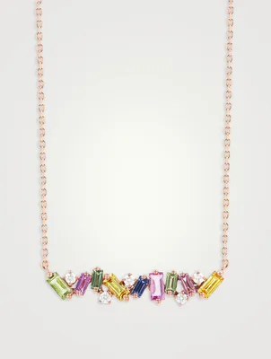 Fireworks 18K Rose Gold Bar Necklace With Pastel Rainbow Sapphires And Diamonds