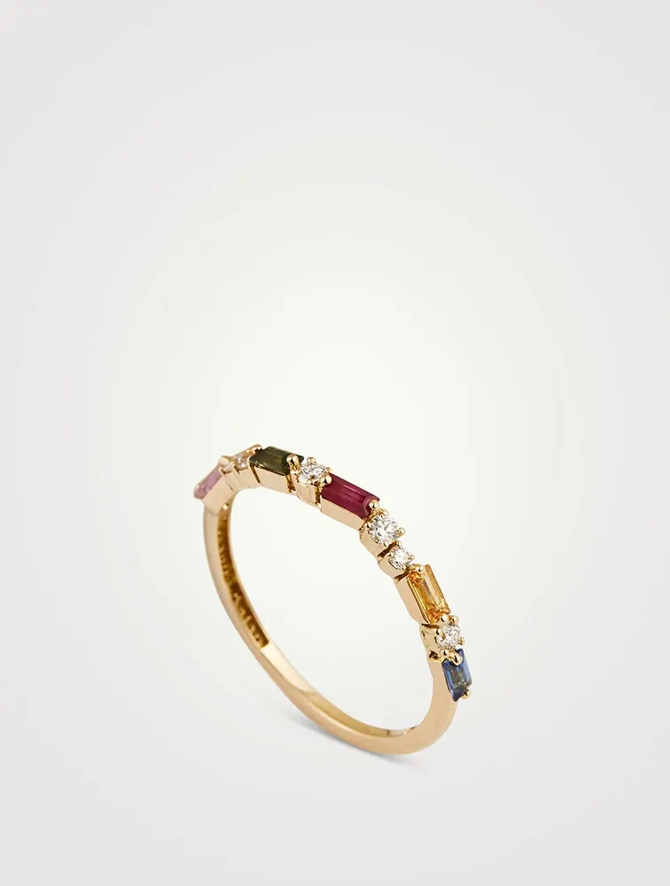 18K Gold Halfway Band With Rainbow Sapphire And Diamonds