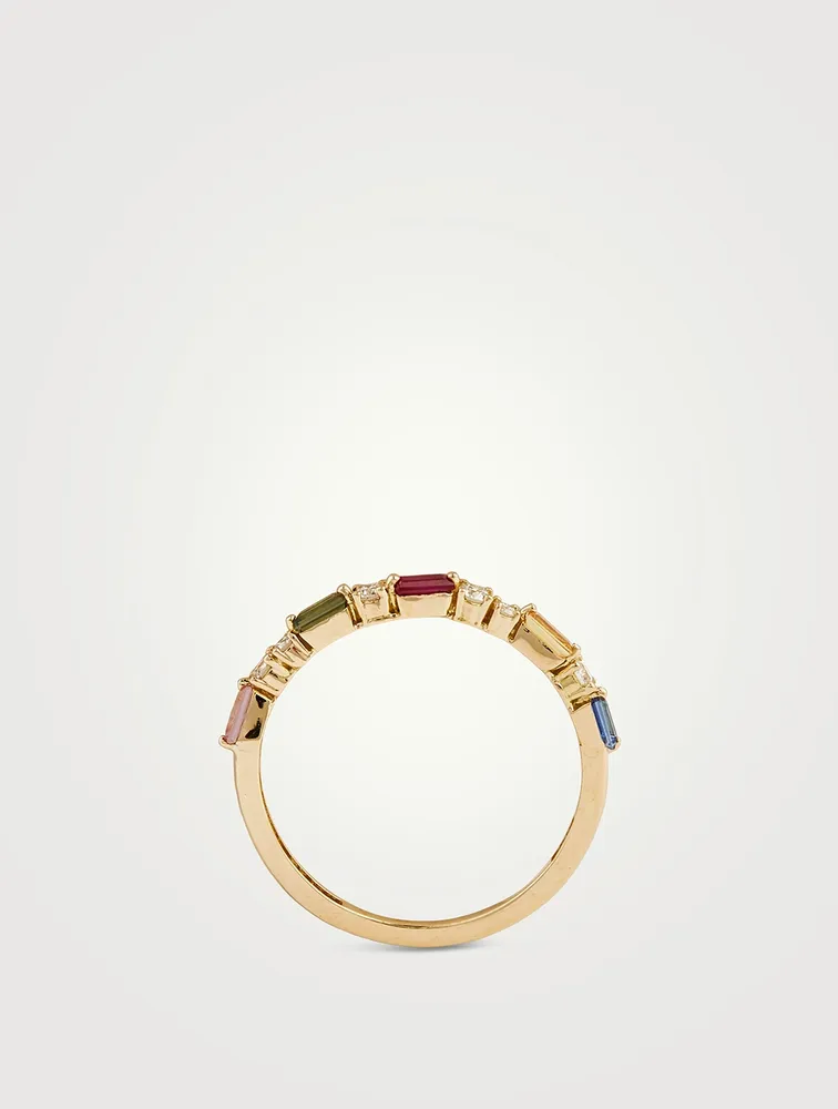 18K Gold Halfway Band With Rainbow Sapphire And Diamonds