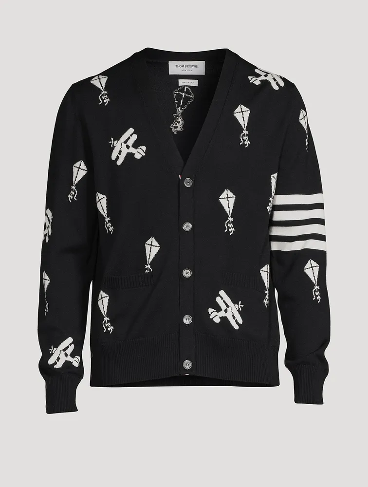 Navy Fine Merino Wool Half Drop Sky Icons 4-bar Relaxed Fit Cardigan