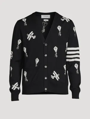 Navy Fine Merino Wool Half Drop Sky Icons 4-bar Relaxed Fit Cardigan