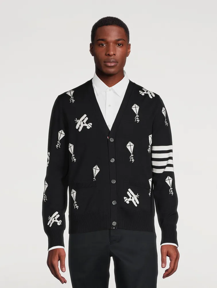 Navy Fine Merino Wool Half Drop Sky Icons 4-bar Relaxed Fit Cardigan