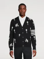 Navy Fine Merino Wool Half Drop Sky Icons 4-bar Relaxed Fit Cardigan