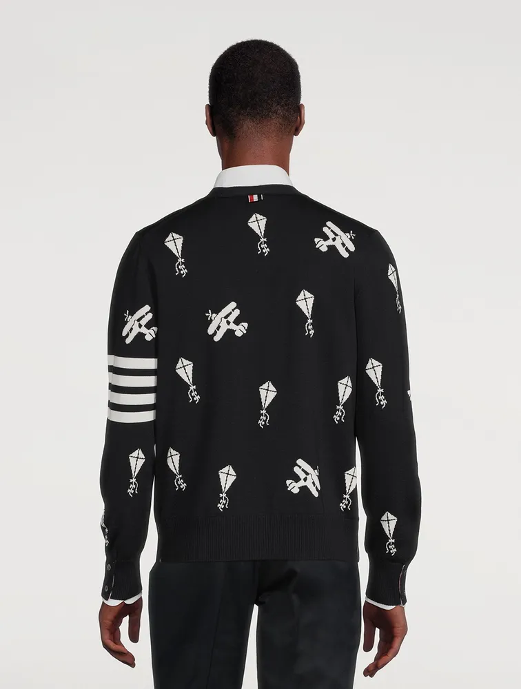 Navy Fine Merino Wool Half Drop Sky Icons 4-bar Relaxed Fit Cardigan