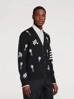 Navy Fine Merino Wool Half Drop Sky Icons 4-bar Relaxed Fit Cardigan